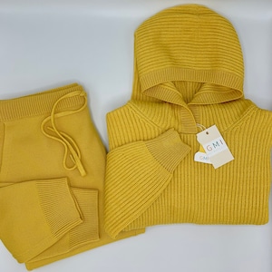 Personalized Women Merino Knitted Set With Hoodie Sweater and Joggers / English Rib Cable Knit Woman Sweater with Drawstring Pants /Bespoke