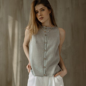 Hand knit women pullover sweater vest, Buttoned cotton linen yarns sleeveless grey blouse, Chunky knit all season woman hygge vest top