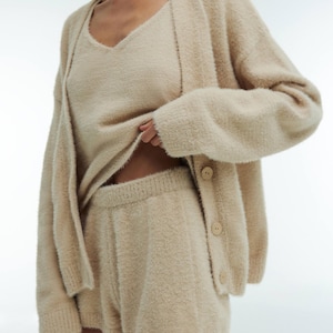 Women Cozy Loungewear Set Fluffy Pajama Set Knit Lounge Set Soft Knitwear Pjs Sleepwear Matching Set 3-Piece Set Handmade Gift for her