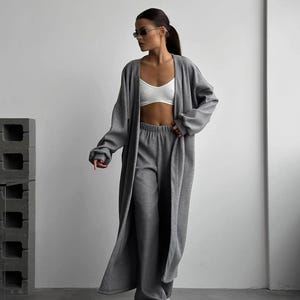 Elegant Cardigan and Pants Set, Women's Rib Knit Outfit, Cozy Loungewear, Soft Knit Set, Grey Milk Colors