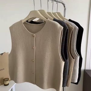Women's sleeveless knit vest, beige button-up cardigan, cozy knitted vest, minimalist fall winter layering, soft knit tank top