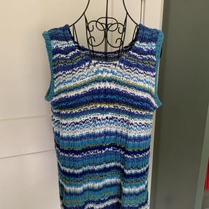 Hand Knit cotton nautical striped sleeveless sweater - One of a Kind - Ladies L - V neck - blue white teal cables and stripes