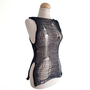 Hand knitted 100% cotton distressed black top, see through tank top
