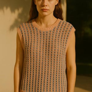 Hand knit pink blue openwork sleeveless vest top in cotton yarn, breathable striped crochet blouse for summer layering or casual wear