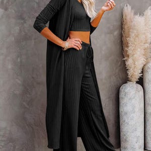 3 Piece Women’s Clothing Set – Comfy Lounge Outfit with Long Cardigan, Tank Top and Wide Leg Pants.