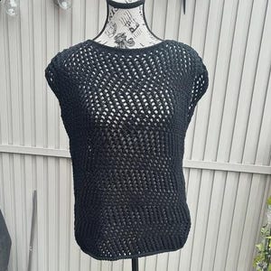 Wool and the Gang Black Mesh Knit Top | Hand Knitted in Peru | Sleeveless Open Weave Tank | Boho Summer Layer | Size S-M