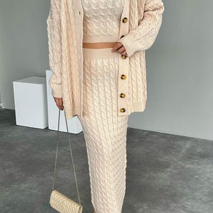 Vanilla Cable Knit Three-Piece Set – Cozy Loungewear with Cardigan, Tank Top, and Long Skirt - Cozy Knit 3 piece Set - Knitted Matching Set