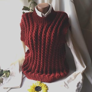 Burgundy Hand knit Vest Sweater sleeveless Pullover for Women Soft wool Chunky Ladies crop top tank Preppy Style Back to school Custom order