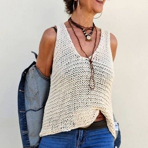Knit tank top women, loose cotton tank top, v neck tank top, hand knit sweater, sleeveless tank top,boho chic style, cream capsule wardrobe