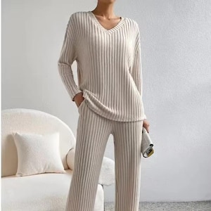 2-Piece Ribbed Knit Lounge Set for Women – Soft Beige Sweater Top & Wide-Leg Pants | Cozy Knitwear by NioxMade