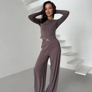 2-Piece  Set – Long Sleeve Top & Flowy Pants |Casual Loungewear Outfit, Minimalist Style, Everyday Streetwear for Women Gift for Sister, Mom